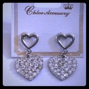Silver Heart Crystal Rhinestone Earrings